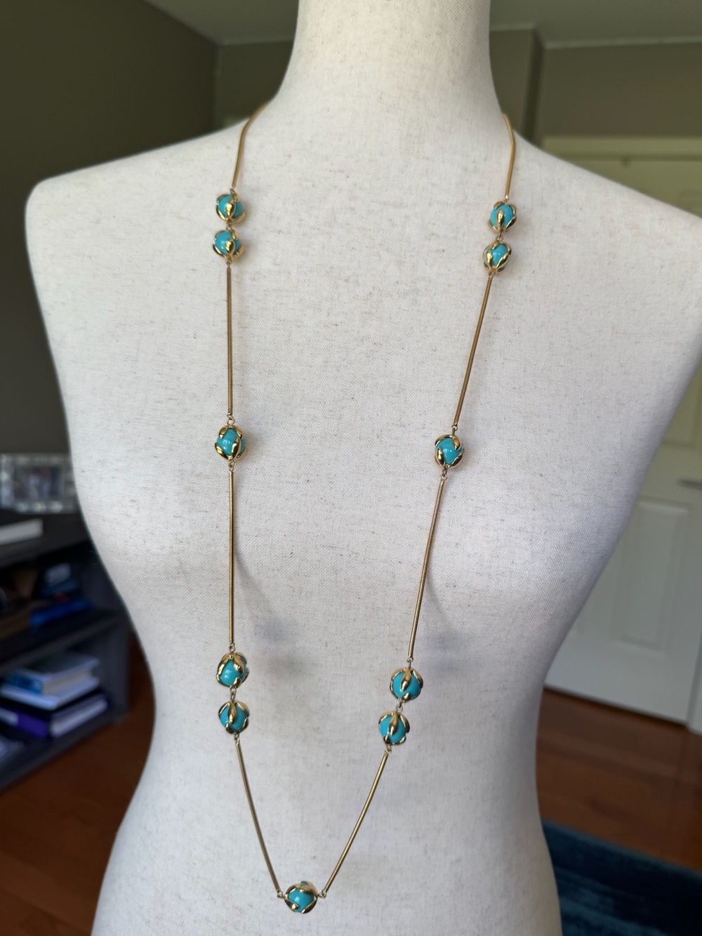 NWT BCBGMaxazria Gold Long Station Necklace with Turquoise Beads